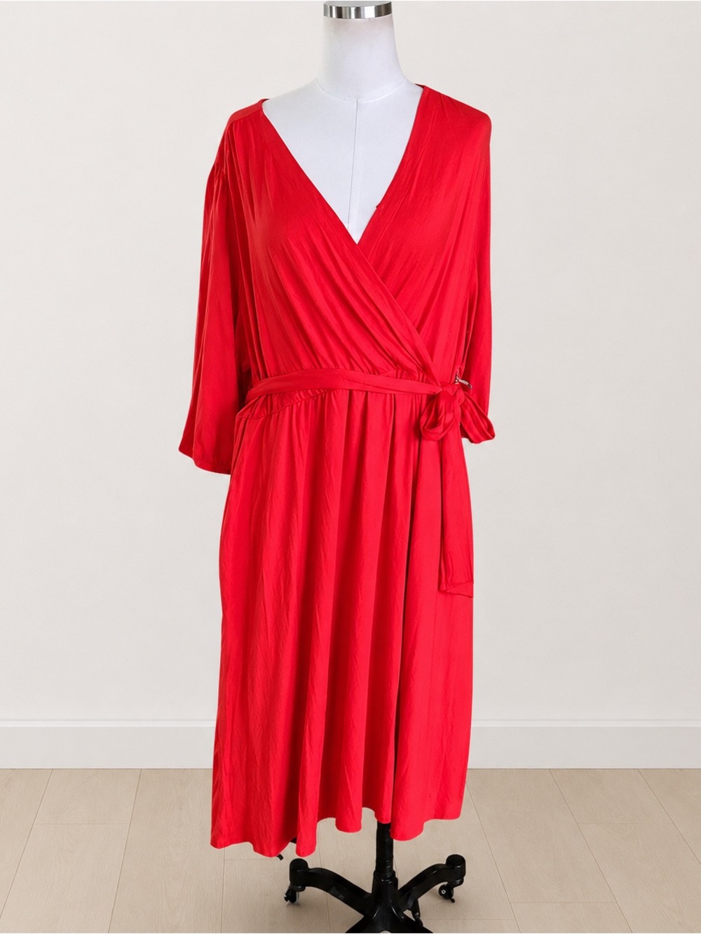 DRAPER JAMES | Red Knit Midi Wrap Dress with 3/4 Sleeves